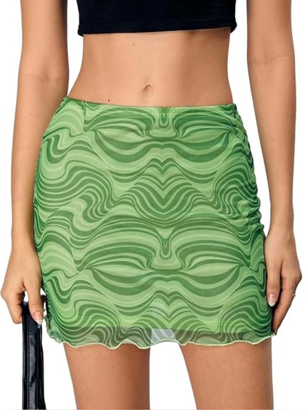 SHEIN EZwear Green Groovy Marble Print Lettuce Hem Bodycon Mini Skirt size M
